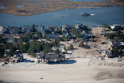 Aerial view of coastal destruction caused by Hurricane Sandy storm surge along the New Jersey Shore