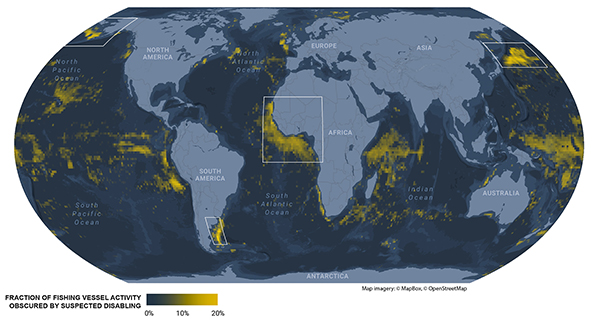 A map of the world, highlighting areas in the global oceans where fishing vessels turn off their identification devices most frequently
