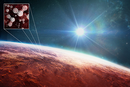 Artistic rendering of red surface of exoplanet WASP-39b reflecting light from a star, with inset image of molecules thought to be in the atmosphere.