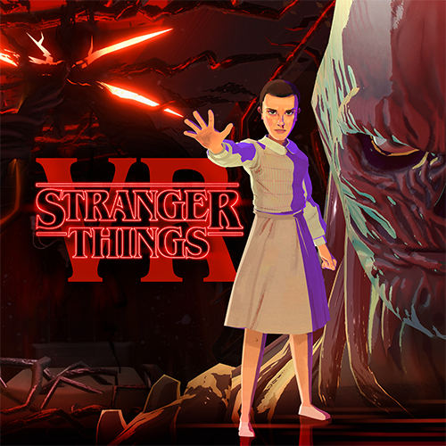 Illustration shows Eleven from Stranger Things next to text that says "Stranger Things VR"