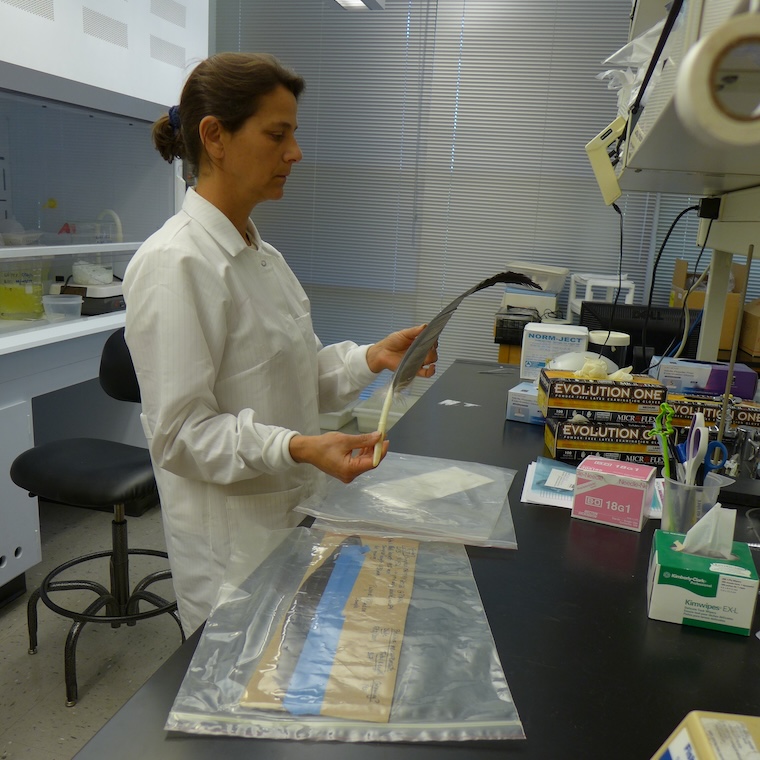 Myra Finkelstein standing in her lab, holding a feather.
