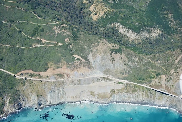 Aerial photo of landslide zone along Highway 1 in Big Sur.