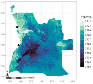 map of Angola showing differences in isotope ratios