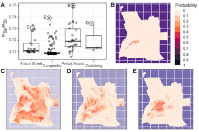 Four maps of Angola with specific regions highlighted for greatest probability