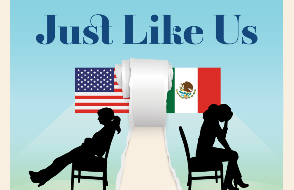 two women in chairs with mexican and american flags