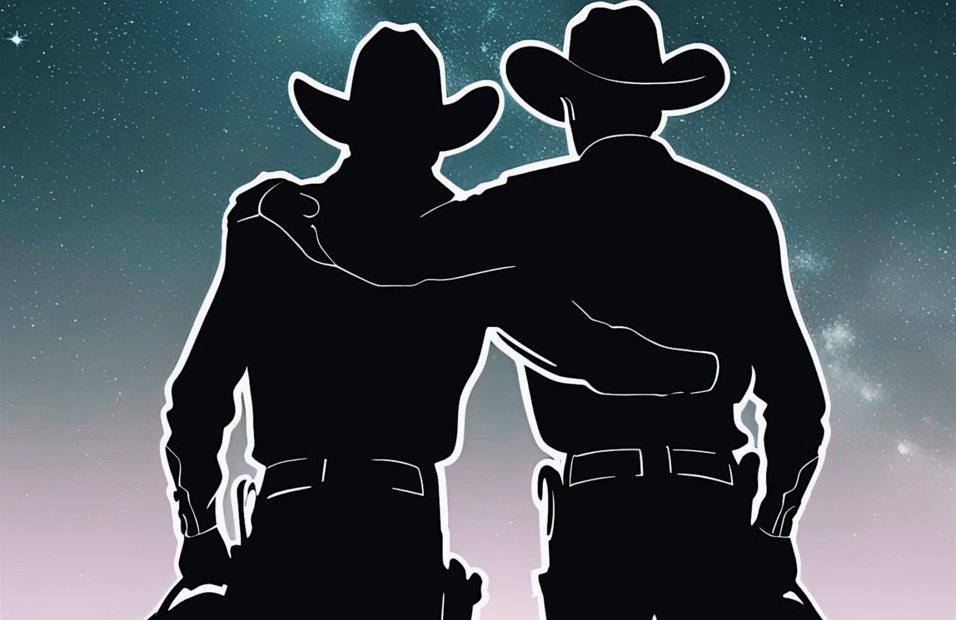 two gay cowboys in a side hug watching the sunset