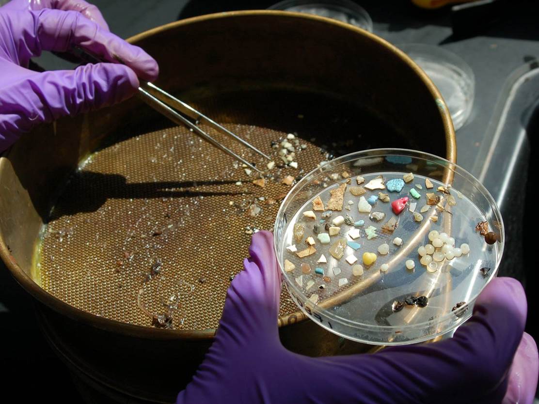 Small pieces of plastic being picked out of a pan