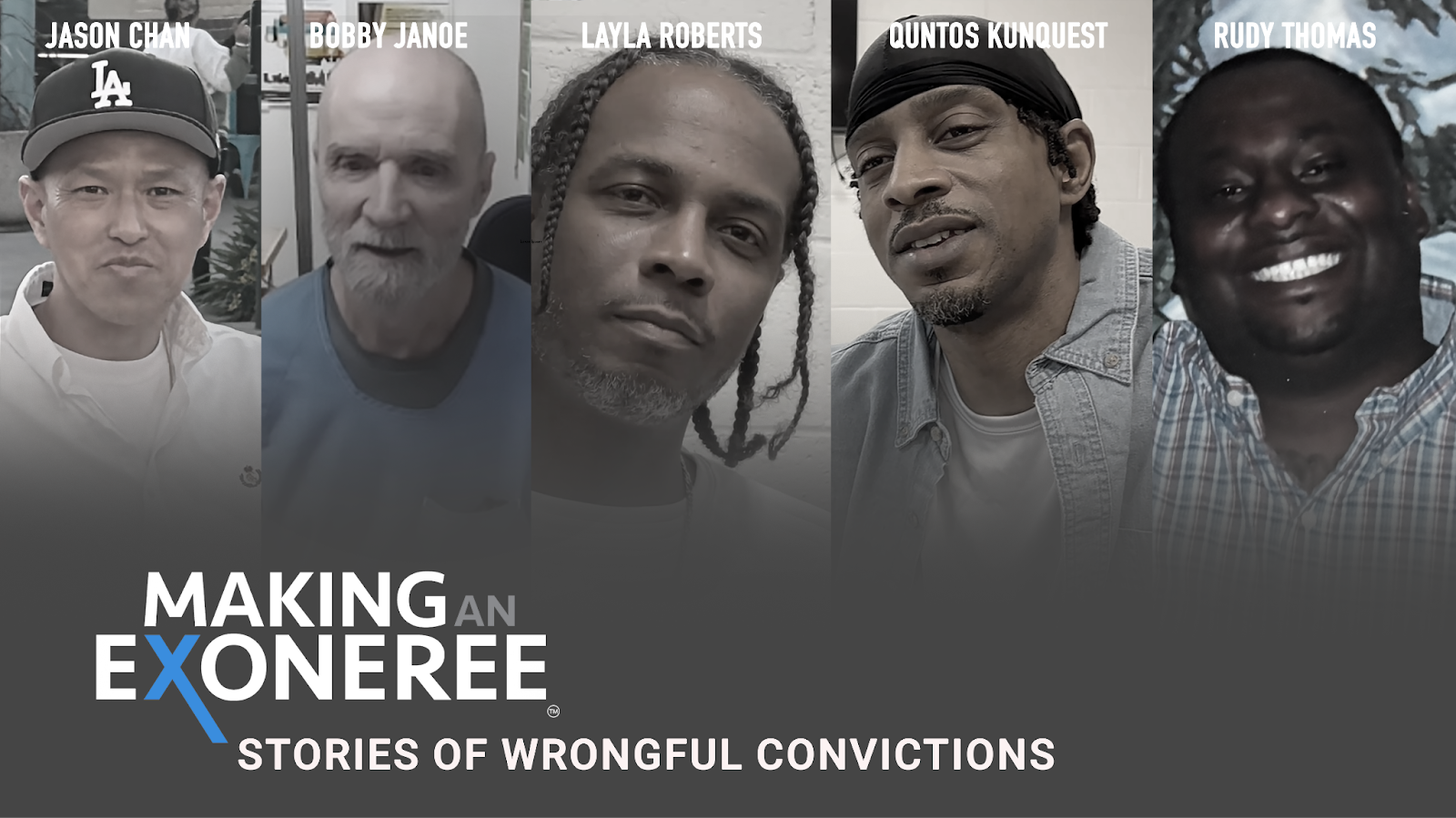 five wrongfully incarcerated individuals blue/grey