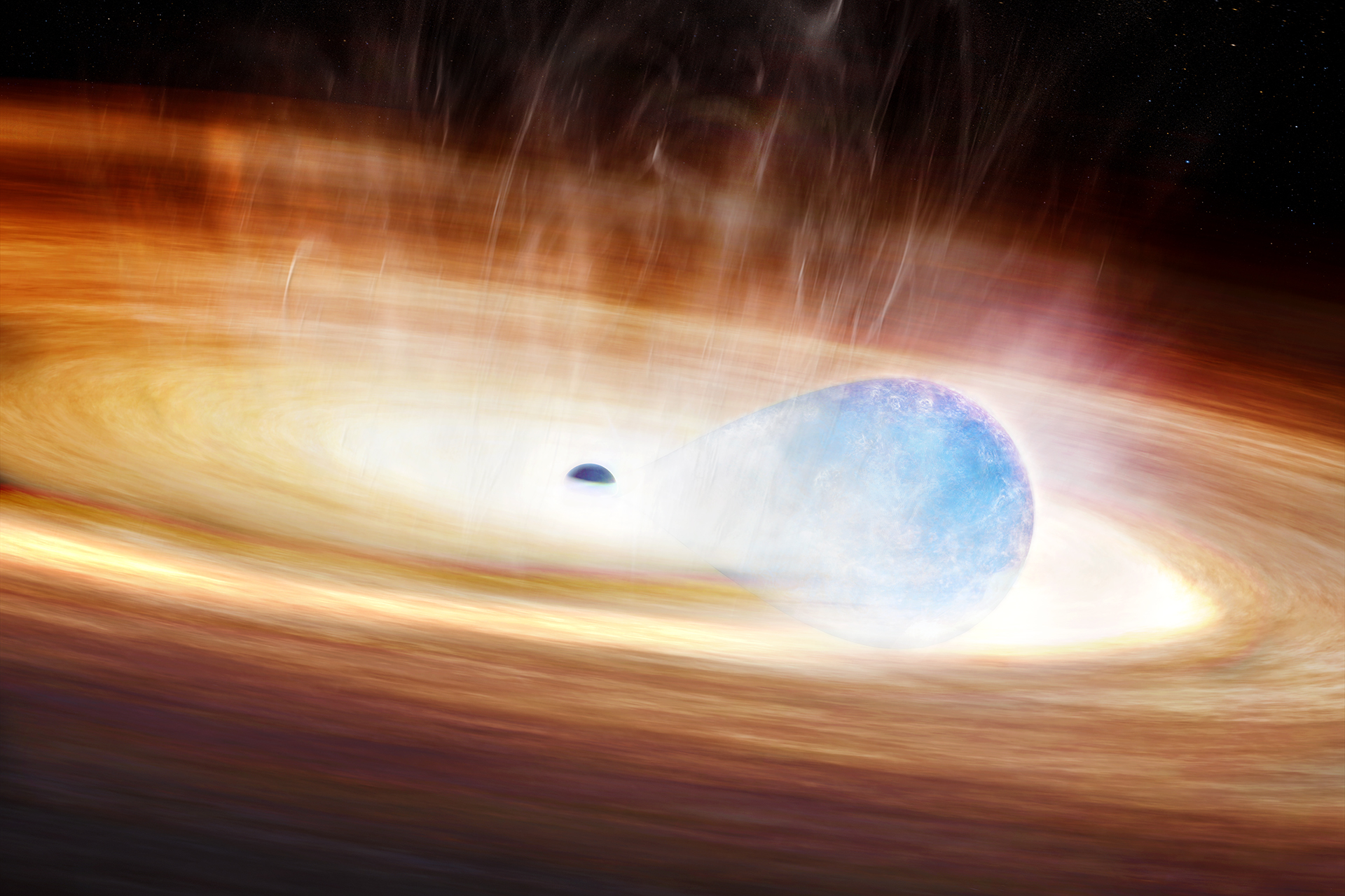 Artistic depiction of the explosive interaction between the black hole and the massive nearby star
