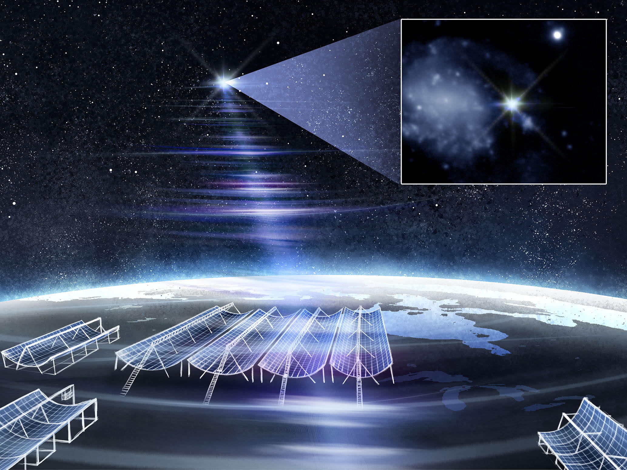 Artist’s rendition of the CHIME radio telescope and its 'outriggers' localizing an FRB, with an inset image illustrating its galaxy of origin.