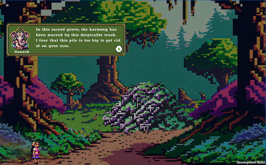 Screenshot of development build of the Shloka game shows a small figure encountering a large pile of trash
