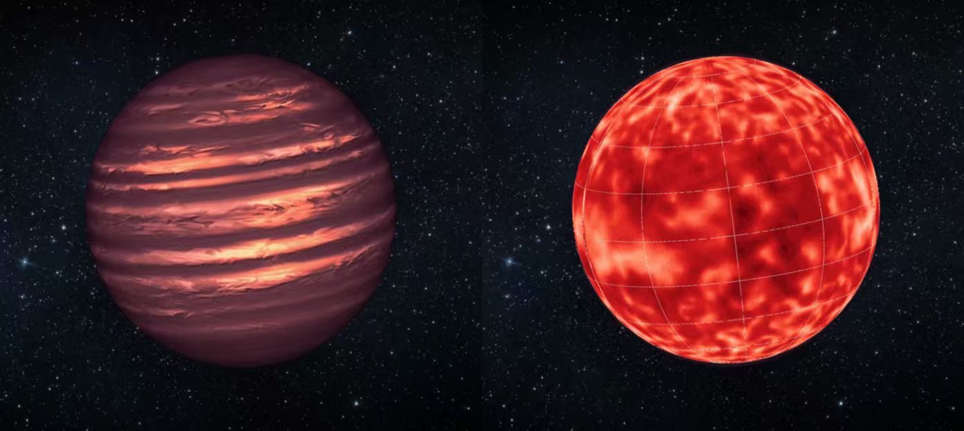 Illustration of horizontally striped planet at left and planet with more blurred and cloudy atmosphere at right