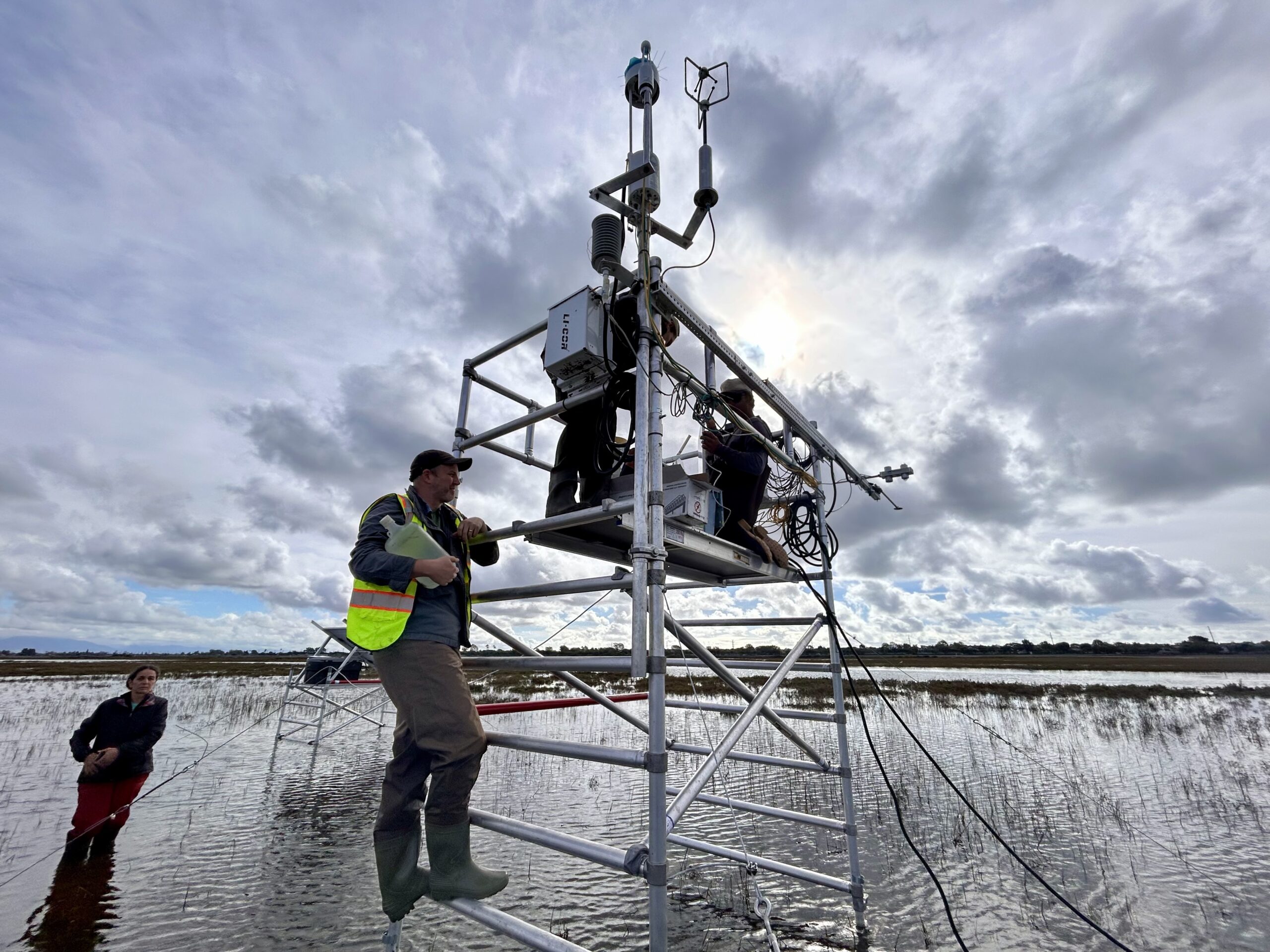 Field researchers attending to monitoring tower in the water
