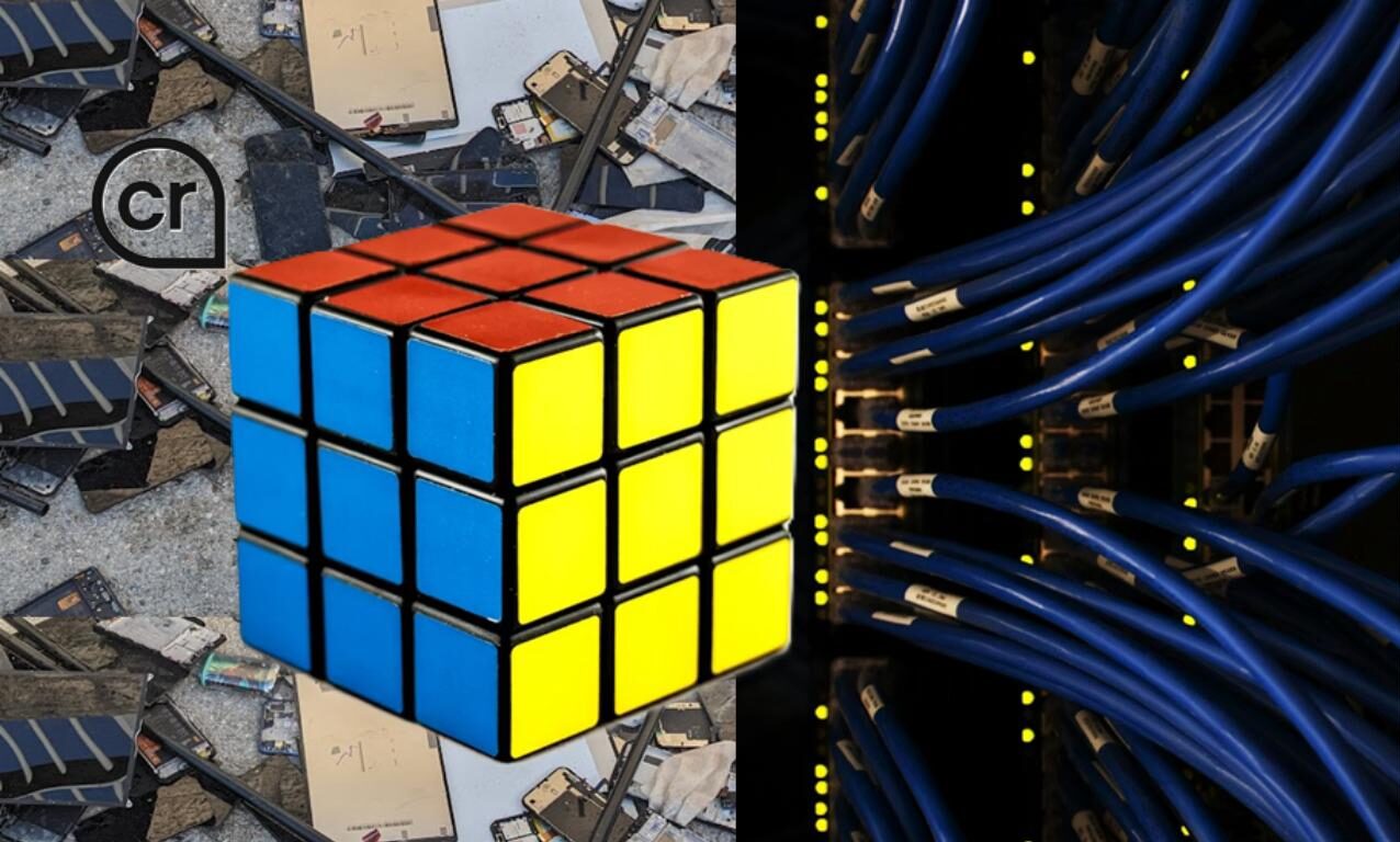 A Rubik’s cube displays blue, red, and yellow sides, with a LinkedIn 'cr' AI-generation icon nearby. The background is divided between discarded electronic waste on a street and data centre cables, some connecting to the cube.