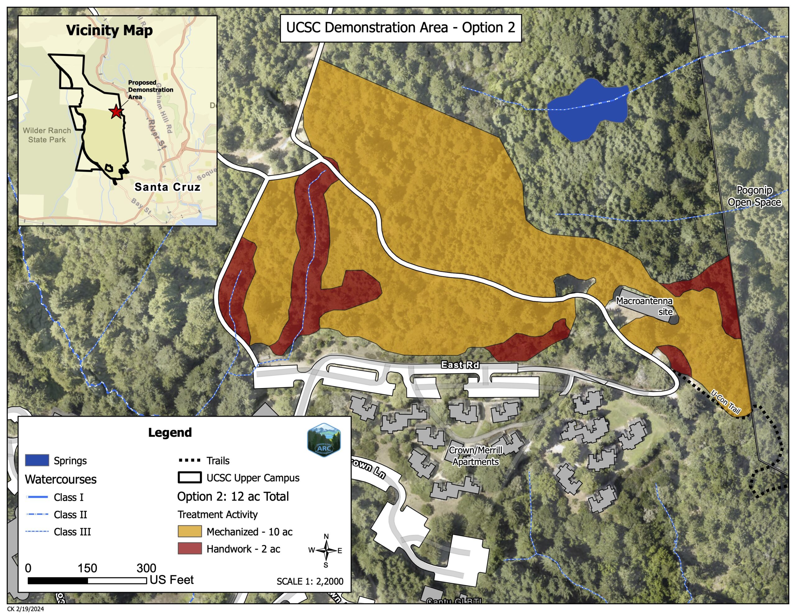 Map of UCSC Upper Campus shows a 12-acre demonstration area with 10 acres of mechanized treatment and 2 acres of handwork. It includes trails, watercourses, nearby apartments, and the Macorantenna site.