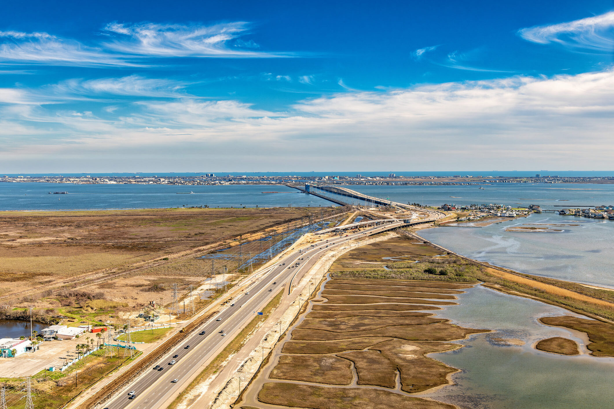 Interstate 45, known as the Galveston Causeway crossing Galveston Bay located south of Houston, Texas shot via helicopter from an altitude of about 800 feet.