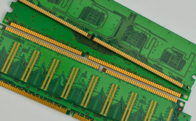 Closeup of a DDR4 RAM memory card on a light background