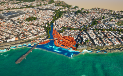 Visualization of Capitola from above, with beachfront area in orange