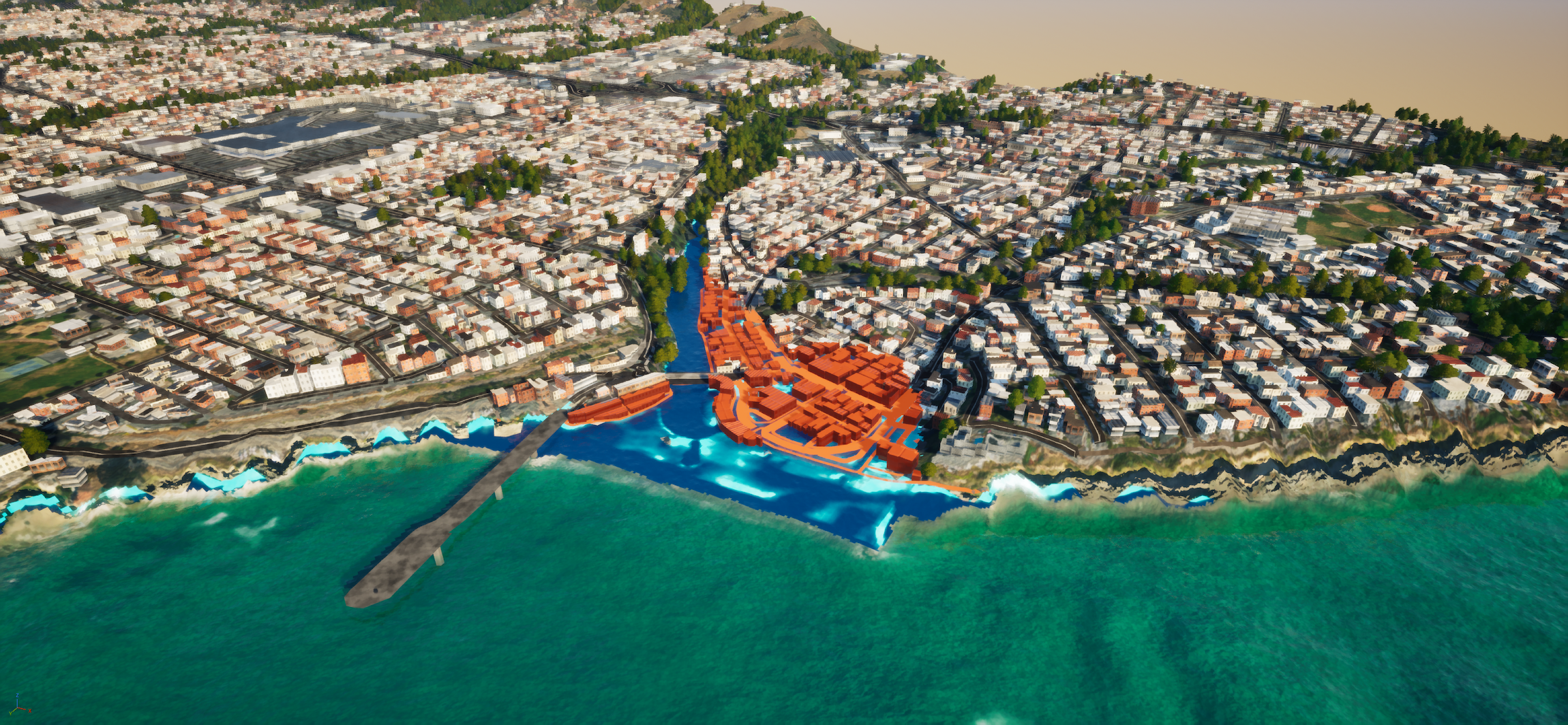 Visualization of Capitola from above, with beachfront area in orange